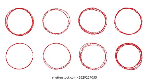 Red pencil crayon line circles in simple hand drawn grunge textured style collection. Chalk sketch doodle check underline frames.