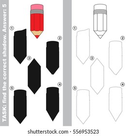 Red Pencil with different shadows to find the correct one, compare and connect object with it true shadow, the educational kid game with simple level of difficulty.