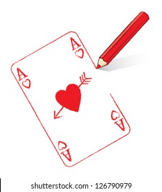 Red Pencil Drawing the Ace of Hearts Playing Card