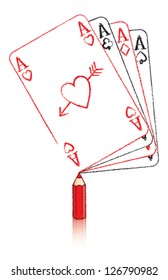 Red Pencil Drawing the Ace of Hearts Playing Card