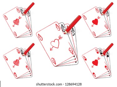 Red Pencil Drawing the Ace of Hearts Playing Card with Cupid's Arrow on Fan of Aces