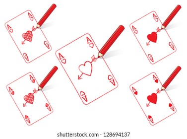 Red Pencil Drawing the Ace of Hearts Playing Card with Cupid's Arrow