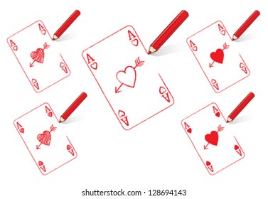 Red Pencil Drawing the Ace of Hearts Playing Card with Cupid's Arrow