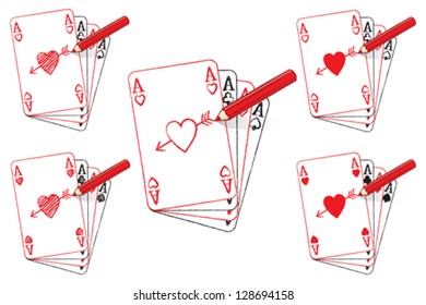 Red Pencil Drawing the Ace of Hearts Playing Card with Cupid's Arrow on Fan of Aces