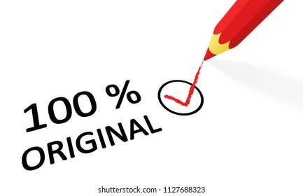 red pencil drawing red check mark and text 100% original