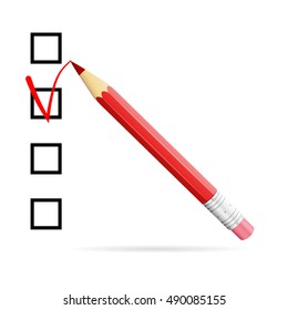 Red pencil drawing checkmark in checkbox, election ballot concept, 3d vector illustration, realistic 3d object isolated on white background, eps 10