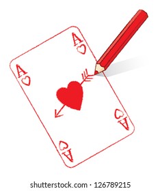 Red Pencil Drawing Cupid Ace of Hearts Card withs fan of Playing Cards