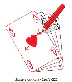 Red Pencil Drawing Cupid Ace of Hearts Card withs fan of Playing Cards