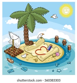 Red pencil drawing a heart shape on a rolled sheet of vellum on a caribbean island (isometric view)
