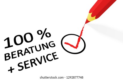red pencil drawing hook and text 100% Advice and service (in german)