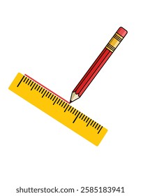 Red Pencil drawing a Line from a Ruler. Vector graphic illustration isolated on white background.