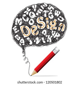Red pencil drawing speech with Design text symbols