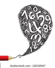 Red pencil drawing speech with numbers symbols