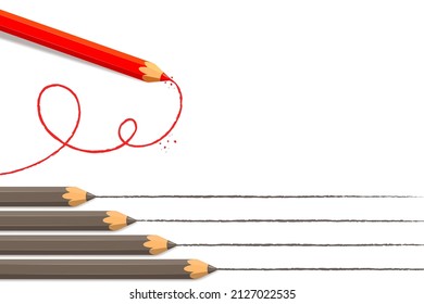 Red pencil draws a great line from gray pencils.Different business concept of new ideas. Vector flat illustration.