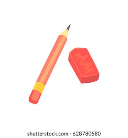 Red pencil and eraser. Artistic or school equipment colorful cartoon vector Illustration