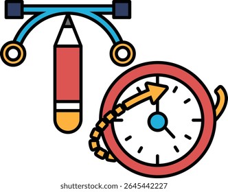 Um lápis vermelho com uma borracha vermelha fica ao lado de um relógio. O relógio está definido para a hora das 10:00