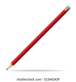 Red pencil with eraser. White background, shadow. Vector Image.