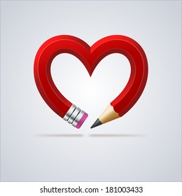 Red pencil forming the heart. Vector illustration.