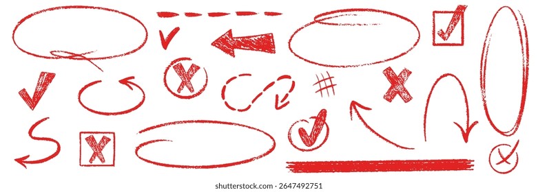 Red pencil hand drawn various oval, chalked arrows, check marks. Vector doodle marker drawing. Hand drawn charcoal symbols for diagrams. Freehand grunge red strikethrough and underline elements