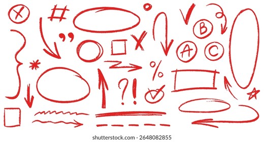 Red pencil hand drawn various oval, chalked arrows, check marks. Vector crayon drawing. Charcoal symbols for diagrams. crayon underline, check mark, scribble shapes with rough texture elements