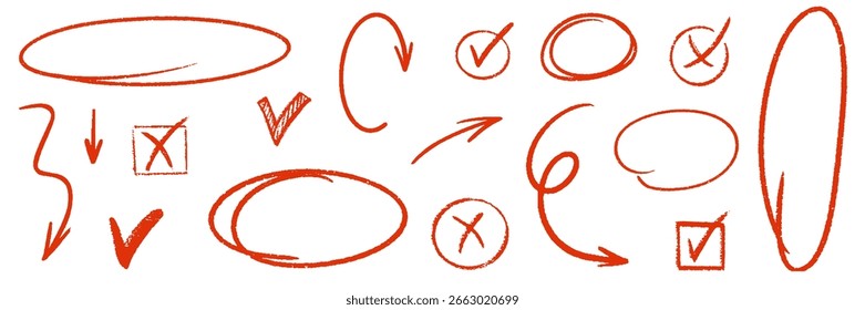 Roter Bleistift handgezeichnet verschiedene ovale, gekalkte Pfeile, Häkchen. Handgezeichnete Holzkohlesymbole für Diagramme. Freehand grunge rot durchgestrichen und unterstreichen Elemente. Vektordoodle-Marker-Zeichnung.