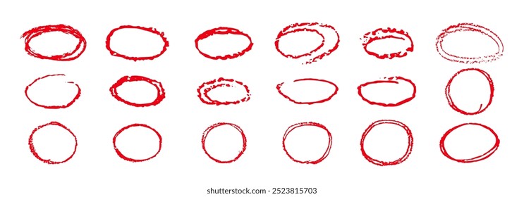 Red pencil highlight circles. Crayon handwritten ellipses doodle style. Round rough thin frames children drawn. Vector collection of round freehand shapes for emphasis highlights in text or to do list