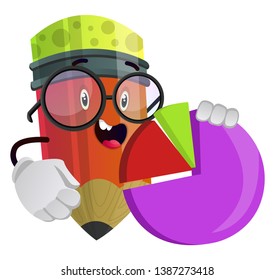 Red pencil holding a pie chart illustration vector on white background