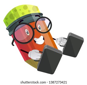 Red pencil holding two black briefcases illustration vector on white background