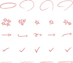 Red Pencil Illustration Vector Image, Circle, Check, Underlines, Star Shape, Doodle Image