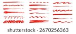 Red pencil line brush stroke set. Hand drawn underline, cross mark, and crayon scribble for text highlight and grunge. Doodle sketch element for red chalk pencil underline design. Vector illustration