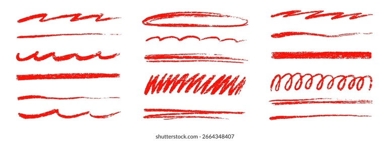 Conjunto de trazo de pincel de línea de lápiz rojo. Subrayado dibujado a mano, marca cruzada y garabato de crayón para resaltar texto y grunge. Elemento de boceto Doodle para diseño de subrayado de lápiz de tiza roja. Ilustración vectorial