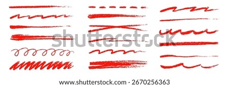 Red pencil line brush stroke set. Hand drawn underline, cross mark, and crayon scribble for text highlight and grunge. Doodle sketch element for red chalk pencil underline design. Vector illustration