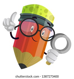 Red pencil looking at something with a magnifier illustration vector on white background