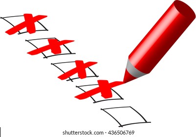 Red pencil makes  crosses in boxes
