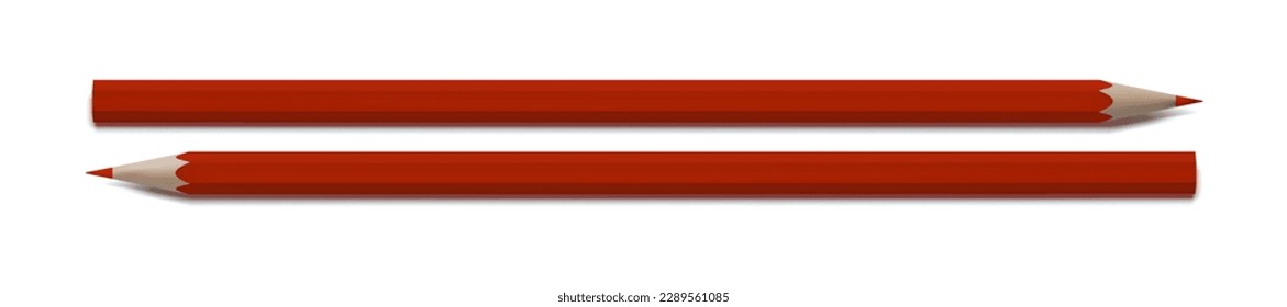 Red pencil realistic 3d render vector flatlay office brand mockup. Color school drawing stationary, paint supplies.
