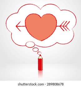 Red Pencil with Reflection Drawing Cupid's Arrow through Heart Icon in Fluffy Cloud Shaped Think Bubble on Grey Background