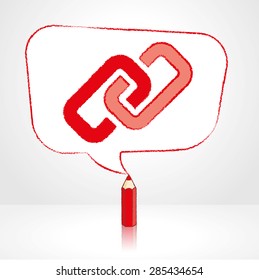Red Pencil with Reflection Drawing Digital Media Link Icon in Rounded Skewed Rectangular Shaped Speech Bubble on Pale Background