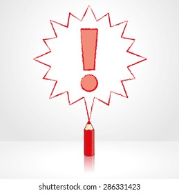 Red Pencil with Reflection Drawing Exclamation Mark in Pointed Starburst Speech Bubble on Pale Grey Background