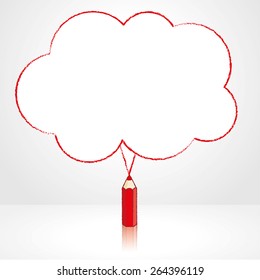 Red Pencil with Reflection Drawing Fluffy Cloud Shaped Speech Bubble on Grey Background