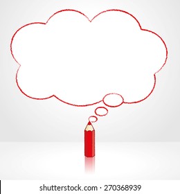 Red Pencil with Reflection Drawing Fluffy Cloud Shaped Think Bubble on Grey Background