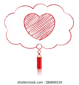Red Pencil with Reflection Drawing Heart Icon in Fluffy Cloud Shaped Think Bubble on White Background