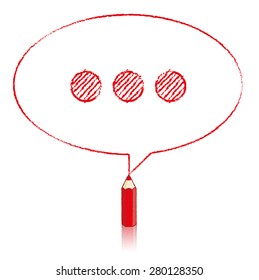 Red Pencil with Reflection Drawing Oval Speech Bubble containing Shaded Ellipsis on White Background
