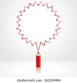 Red Pencil with Reflection Drawing Pointed Starburst Speech Bubble Grey Background