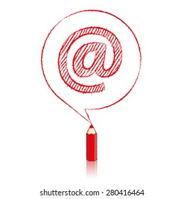 Red Pencil with Reflection Drawing a shaded At sign in Round Speech Bubble on White Background