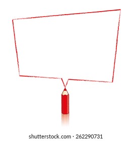 Red Pencil with Reflection Drawing Skewed Rectangle Shaped Speech Bubble on White Background