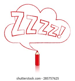 Red Pencil with Reflection Drawing Snoring Zzzz Cloud Shaped Speech Bubble on White Background