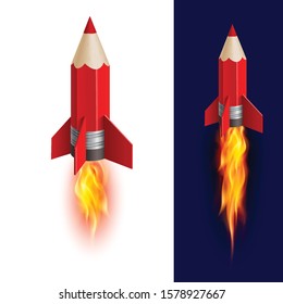Red Pencil Rocket Ship with Fire. Isolated on White and Dark Blue Background. Illustration with Flying Pencil. Creativity Sign. Creative Idea Symbol
