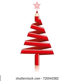 Red Pencil in shape of Christmas Tree with Reflection drawing Star at top of tree on White Background