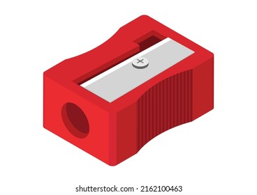 Red pencil sharpener isometric style vector design illustration isolated on white background. Realistic sharpener close-up. Pencil sharpener clipart