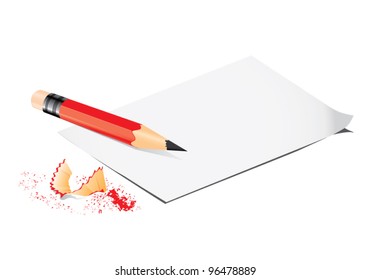 Red pencil with sharpener trash and blank piece of paper, education concept, vector illustration